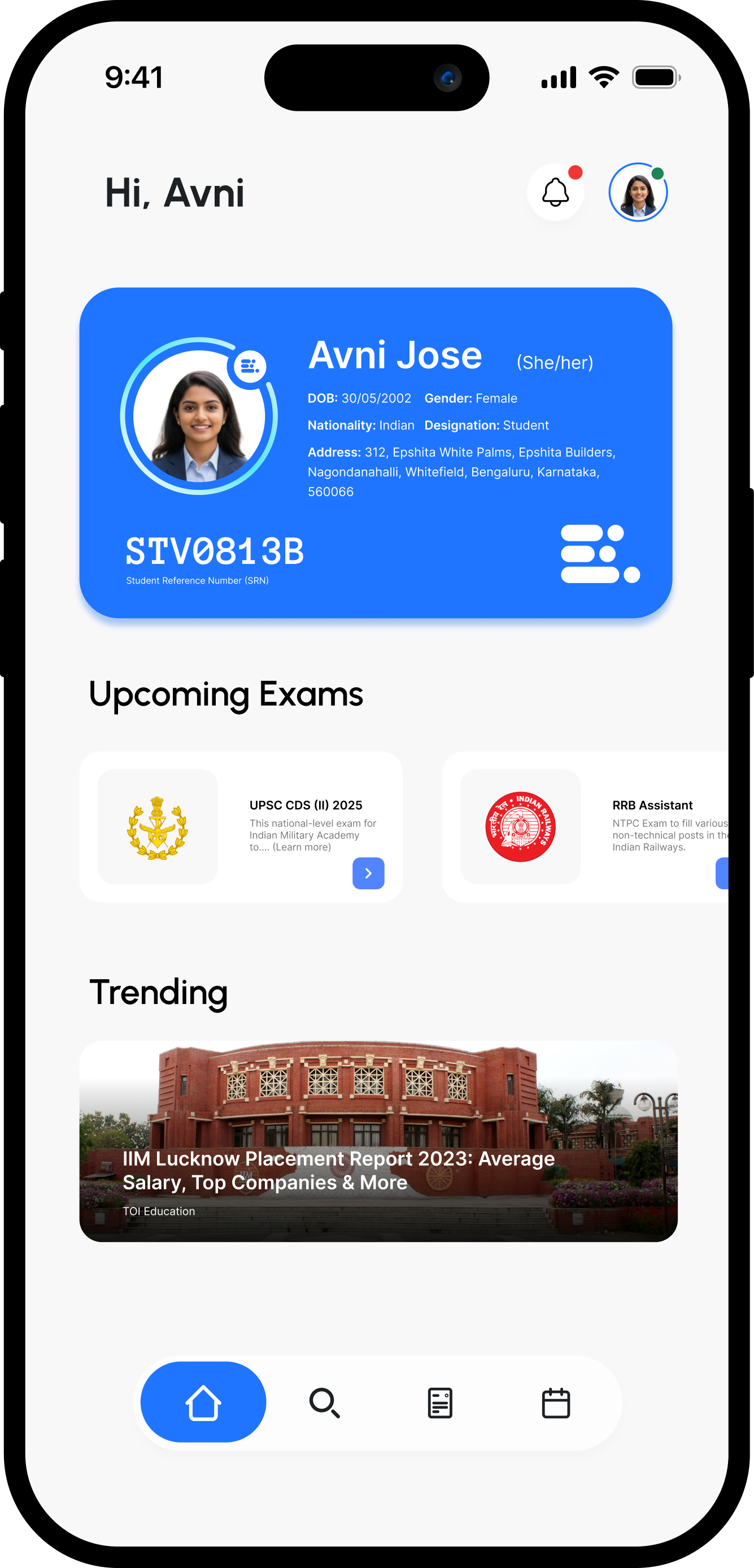 Exami Mobile App Interface showcasing unified examination platform with student dashboard, application tracking, and secure digital ID features