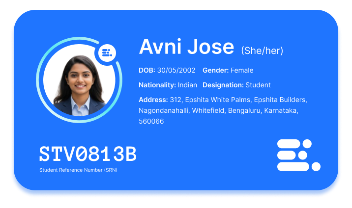 Digital Student ID Card showing Avni Jose's profile with photo, personal details, and QR code for secure verification